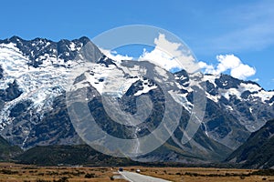 A beautiful view of a route leading to one of the most famous destination for tourist, Mount Cook National Park, in a peaceful