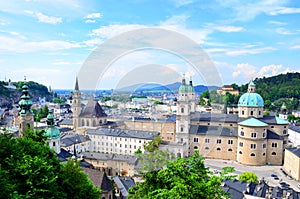 Beautiful view of Salzburg city square and Golden Ball statue