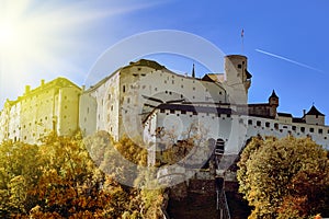 Beautiful view of Salzburg with Festung Hohensalzburg on sunny day with bright morning sun light, Salzburg, Austria