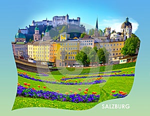 Beautiful view of Salzburg skyline with Festung Hohensalzburg and Salzach river in summer, Salzburg, Austria