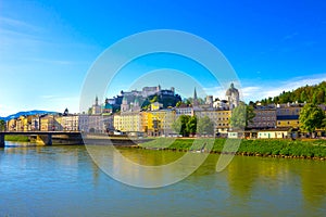 Beautiful view of Salzburg skyline with Festung Hohensalzburg and Salzach river in summer, Salzburg, Austria