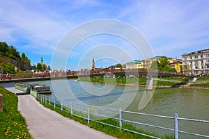 Beautiful view of Salzburg skyline with Festung Hohensalzburg and Salzach river in summer, Salzburg, Austria