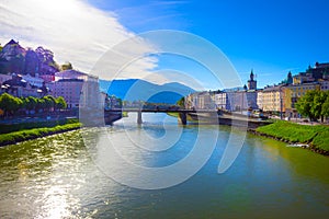 Beautiful view of Salzburg skyline with Festung Hohensalzburg and Salzach river in summer, Salzburg, Austria