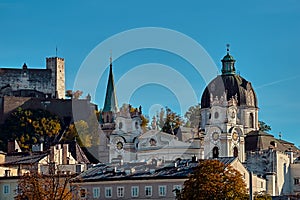 Beautiful view on Salzburg skyline with Festung Hohensalzburg in the summer, Salzburg, Austria