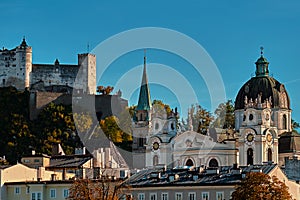 Beautiful view on Salzburg skyline with Festung Hohensalzburg in the summer, Salzburg, Austria