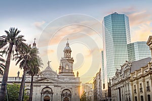 Plaza de Armas Square and Santiago Metropolitan Cathedral at sunset - Santiago, Chile photo