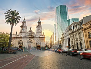 Plaza de Armas Square and Santiago Metropolitan Cathedral at sunset - Santiago, Chile photo