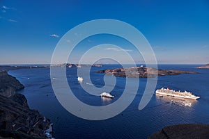 Beautiful view of Santorini Island in Greece, Cruise Ships in the Aegean Sea