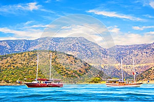 Beautiful view of the sea bay and pleasure yachts on a sunny summer day, Turkey