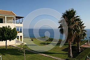 Beautiful view of the sea from the garden next to the greek villa, Kefalonia, Greece