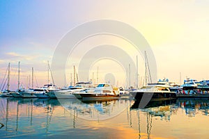 A beautiful view of the sea. Sea coast. Port with a large number of ships