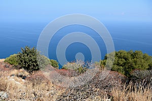 Beautiful view of the sea from the top of La Rocca mountain near the town of Cefalu. Italy