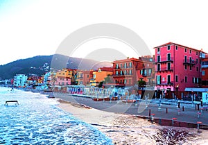 Beautiful view of the sea and the town of Alassio with colorful buildings, Liguria, Italia
