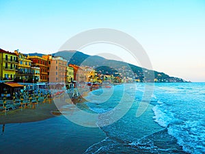 Beautiful view of the sea and the town of Alassio with colorful buildings, Liguria, Italia