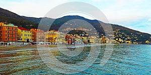 Beautiful view of the sea and the town of Alassio with colorful buildings, Liguria, Italian Riviera, Cote d`Azur, Italy