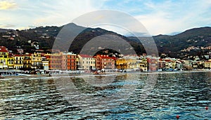 Beautiful view of the sea and the town of Alassio with colorful buildings, Liguria, Italian Riviera, region San Remo, Cote d`Azur