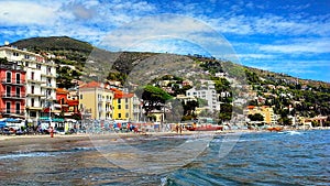 Beautiful view of the sea and the town of Alassio with colorful buildings, Liguria, Italian Riviera, region San Remo, Cote d`Azur