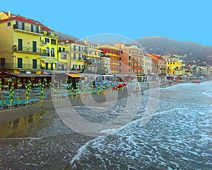 Beautiful view of sea and town of Alassio with colorful buildings, Liguria, Italian Riviera, region San Remo, Cote d`Azur, Italy