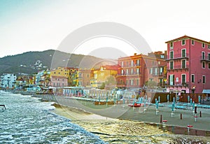 Beautiful view of the sea and the town of Alassio with colorful buildings, Liguria, Italian Riviera, region San Remo, Italy