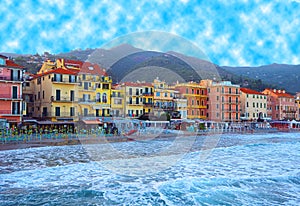 Beautiful view of sea and the town of Alassio with colorful buildings, Liguria, Italian Riviera,region San Remo,Cote d`Azur,Italy