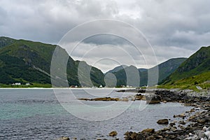 Beautiful view of a seascape on a background of mountain range