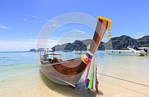 Beautiful view,seascape,boat on mountain background,South Thailand Sea in Krabi province,Andaman,Thailand