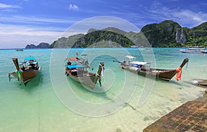 Beautiful view,seascape,boat on mountain background,South Thailand Sea in Krabi province,Andaman,Thailand