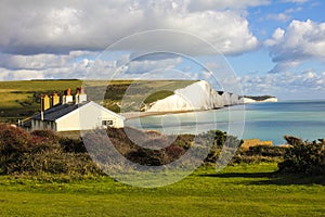 A beautiful view of the Seven Sisters chalk cliffs at Cuckmere Haven on the south coast of England