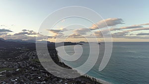 Beautiful view of the shoreline and sea at sunset. Waimanalo Bay, Oahu, Hawaii.