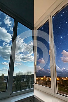 Beautiful view of sky through windows day and night