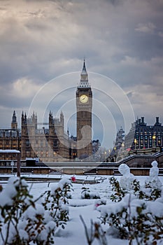 Beautiful view of the snow covered Big Ben clocktower in London