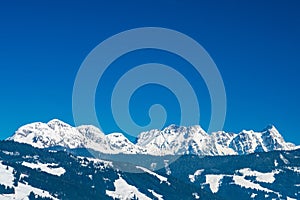 Beautiful view of snow-covered mountains in the ski region of Saalbach Hinterglemm in Austria