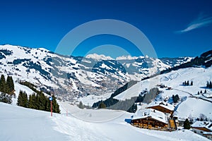 Beautiful view of snow-covered mountains in the ski region of Saalbach Hinterglemm in Austria