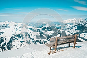 Beautiful view of snow-covered mountains in the ski region of Saalbach Hinterglemm in Austria