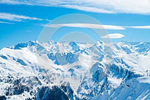 Beautiful view of snow-covered mountains in the ski region of Saalbach Hinterglemm in Austria