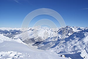 Beautiful view of the snowy French Alps, Les Menuires, France