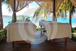 Beautiful view on spa massage room at beachside in bungalow