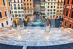 Beautiful view from the Spanish Steps on Piazza di Spagna, the Fontana della Barcaccia and Via dei Condotti in Rome