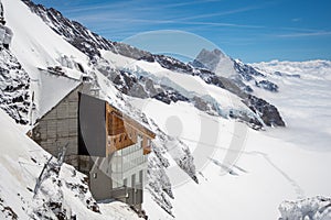 Beautiful view of Sphnix observation deck, snow mountain and Aletsch Glacier on Jungfraujoch