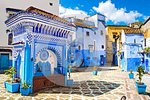 Beautiful view of the square in the blue city of Chefchaouen. Lo