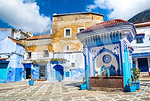 Beautiful view of the square in the blue city of Chefchaouen. Location: Chefchaouen, Morocco, Africa. Artistic picture. Beauty