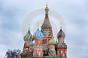 Beautiful view of St. Basil`s Cathedral on Red Square on a cloudy day. Close-up