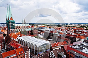 Beautiful view of St. Mary\'s Church and the cityscape of Lubeck in Germany