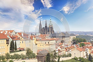 Beautiful view of St. Vitus Cathedral, Prague Castle and Mala Strana in Prague, Czech Republic