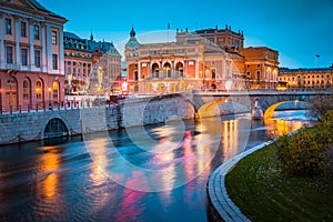 Beautiful view of Stockholm city center with famous Royal Swedish Opera Kungliga Operan illuminated at twilight, Sweden, Scandin