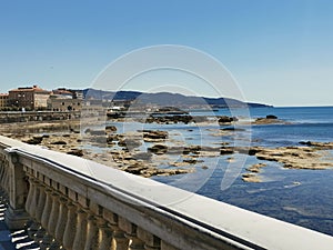 Beautiful view stone concrete balustrade of the Terrazza Mascagni on the seafront of Livorno, Italy