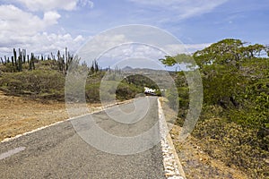 Beautiful view of stone desert of natural park on island of Aruba with asphalt road for vehicles.