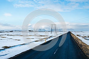 Beautiful View of straight Iceland`s golden circle road surround