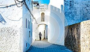 Beautiful view of street with typical arabic architecture. Location: Asilah, North Morocco, Africa. Artistic picture. Beauty world