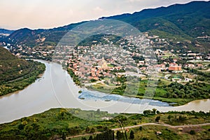 Beautiful view of streets of Mtskheta village in Georgia at the confluence of the Mtkvari and Aragvi rivers